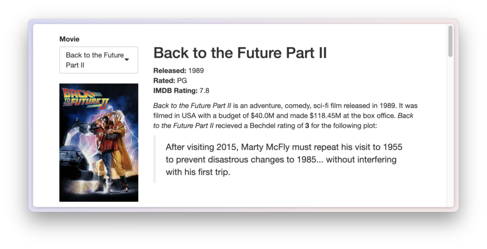 epoxy's built-in example movie app, with 'Back to the Future Part II' selected. The left column shows the movie poster and the right column includes a description of the movie formed from its corresponding row in 'bechdel'.
